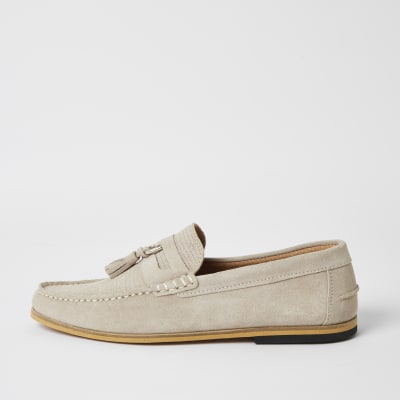 grey loafers with tassels