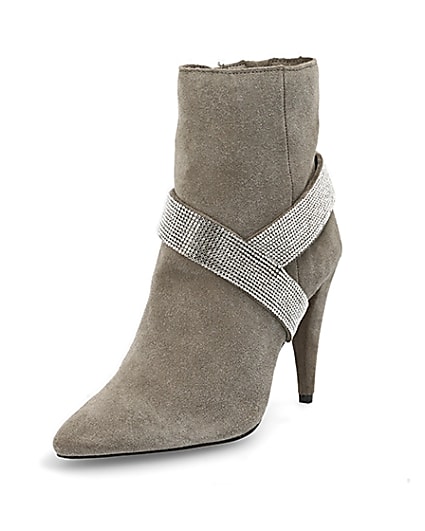 360 degree animation of product Grey suede embellished strap heeled boots frame-0