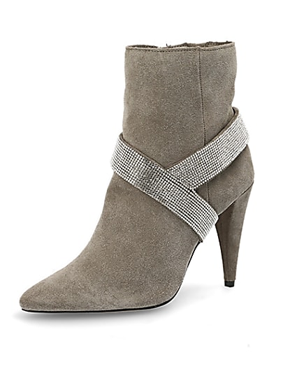 360 degree animation of product Grey suede embellished strap heeled boots frame-1