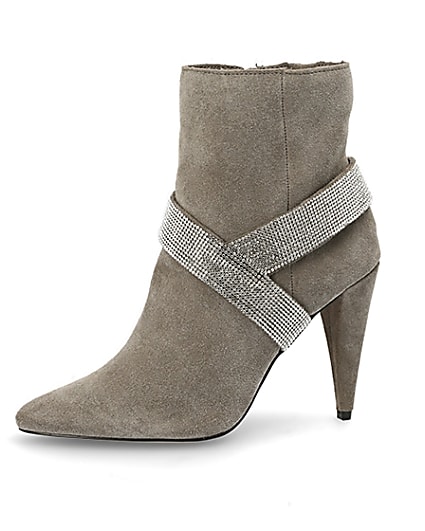 360 degree animation of product Grey suede embellished strap heeled boots frame-2