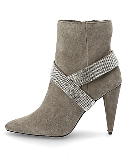 360 degree animation of product Grey suede embellished strap heeled boots frame-3