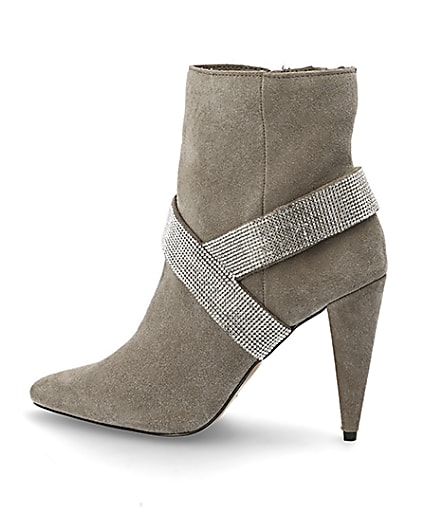 360 degree animation of product Grey suede embellished strap heeled boots frame-4