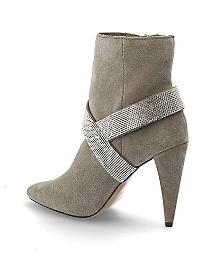 360 degree animation of product Grey suede embellished strap heeled boots frame-5