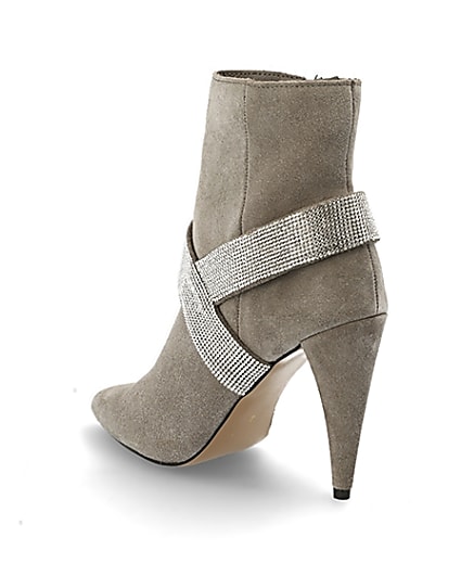 360 degree animation of product Grey suede embellished strap heeled boots frame-6