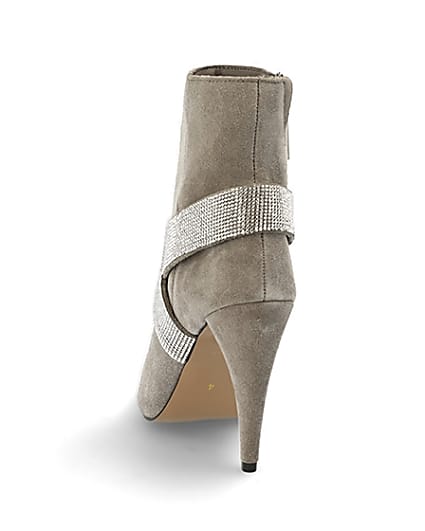 360 degree animation of product Grey suede embellished strap heeled boots frame-8