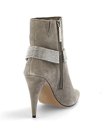 360 degree animation of product Grey suede embellished strap heeled boots frame-11