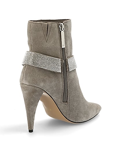 360 degree animation of product Grey suede embellished strap heeled boots frame-12