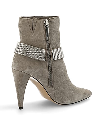 360 degree animation of product Grey suede embellished strap heeled boots frame-13