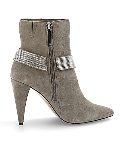 360 degree animation of product Grey suede embellished strap heeled boots frame-14