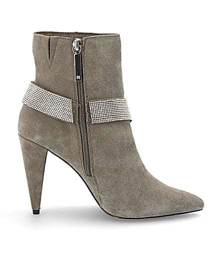 360 degree animation of product Grey suede embellished strap heeled boots frame-15