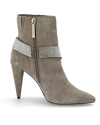 360 degree animation of product Grey suede embellished strap heeled boots frame-16