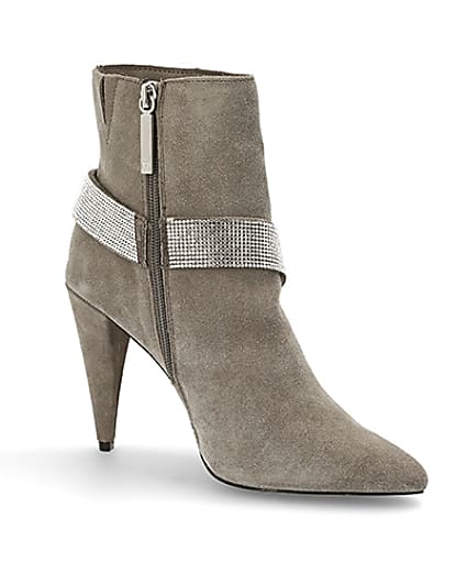 360 degree animation of product Grey suede embellished strap heeled boots frame-17