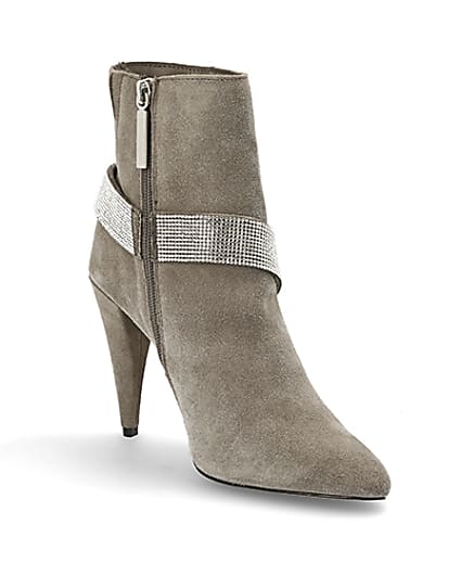 360 degree animation of product Grey suede embellished strap heeled boots frame-18