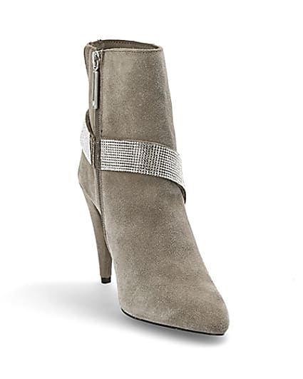 360 degree animation of product Grey suede embellished strap heeled boots frame-19