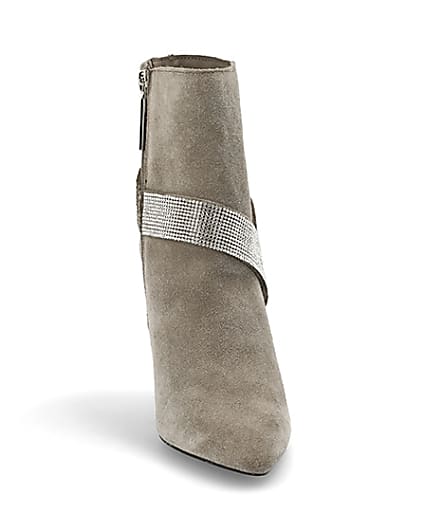 360 degree animation of product Grey suede embellished strap heeled boots frame-20