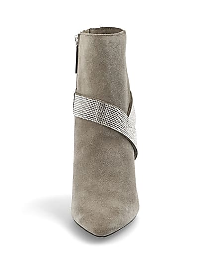 360 degree animation of product Grey suede embellished strap heeled boots frame-21