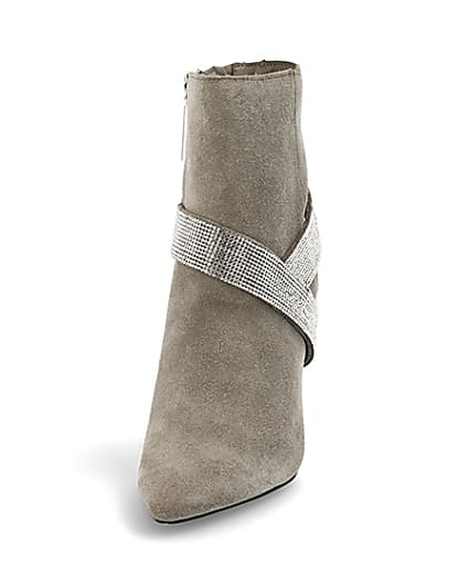 360 degree animation of product Grey suede embellished strap heeled boots frame-22