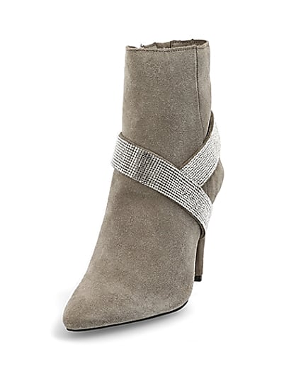 360 degree animation of product Grey suede embellished strap heeled boots frame-23