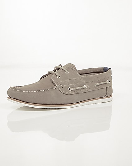 360 degree animation of product Grey suede lace-up boat shoes frame-0