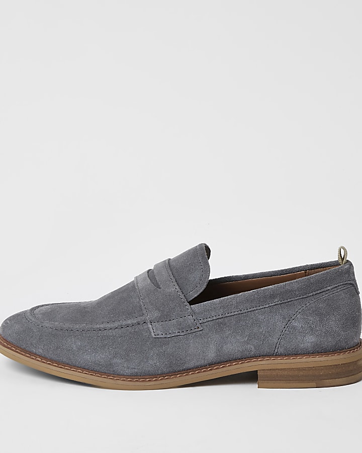 Grey suede penny loafers