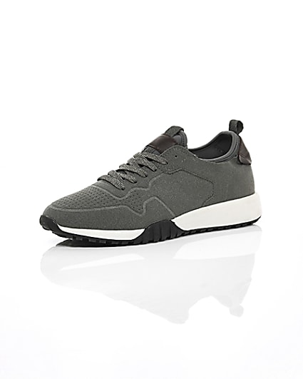 360 degree animation of product Grey suede runner trainers frame-0