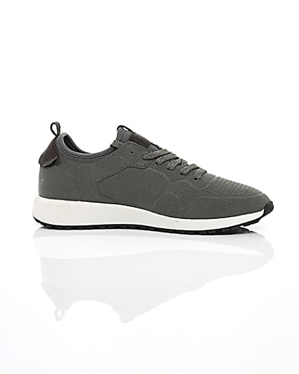 360 degree animation of product Grey suede runner trainers frame-9