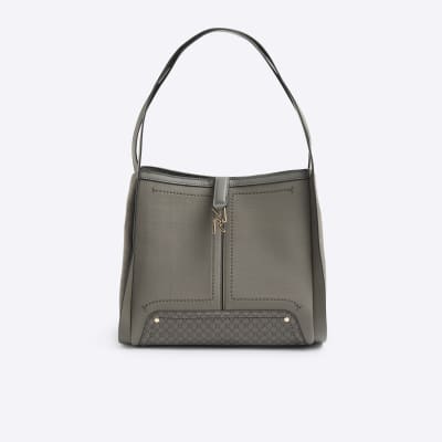 Grey suedette embossed RI monogram tote bag River Island
