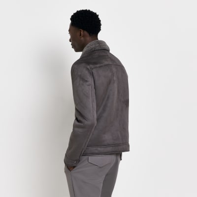 Grey Suedette Lined borg collar jacket