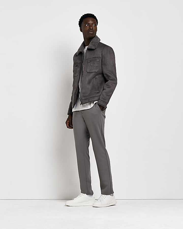 Grey Suedette Lined borg collar jacket