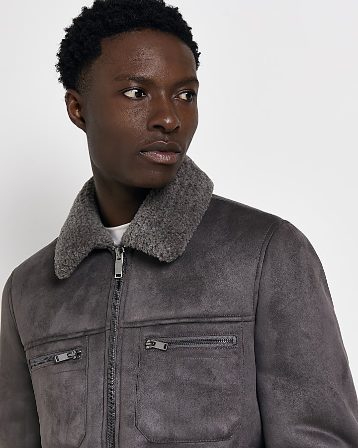 Grey Suedette Lined borg collar jacket