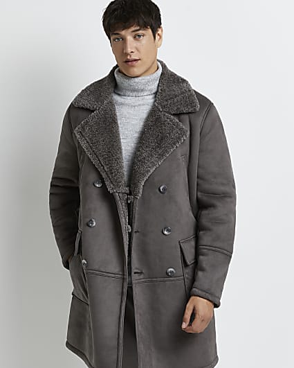 Grey suedette shearling peacoat