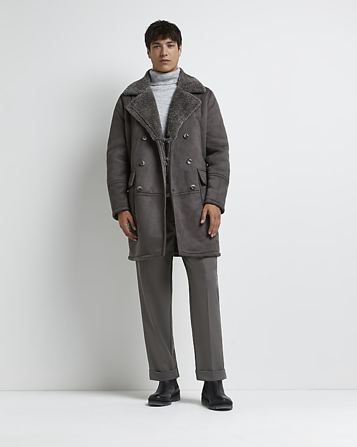 Grey suedette shearling peacoat