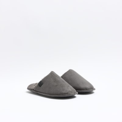 Grey suedette slippers | River Island