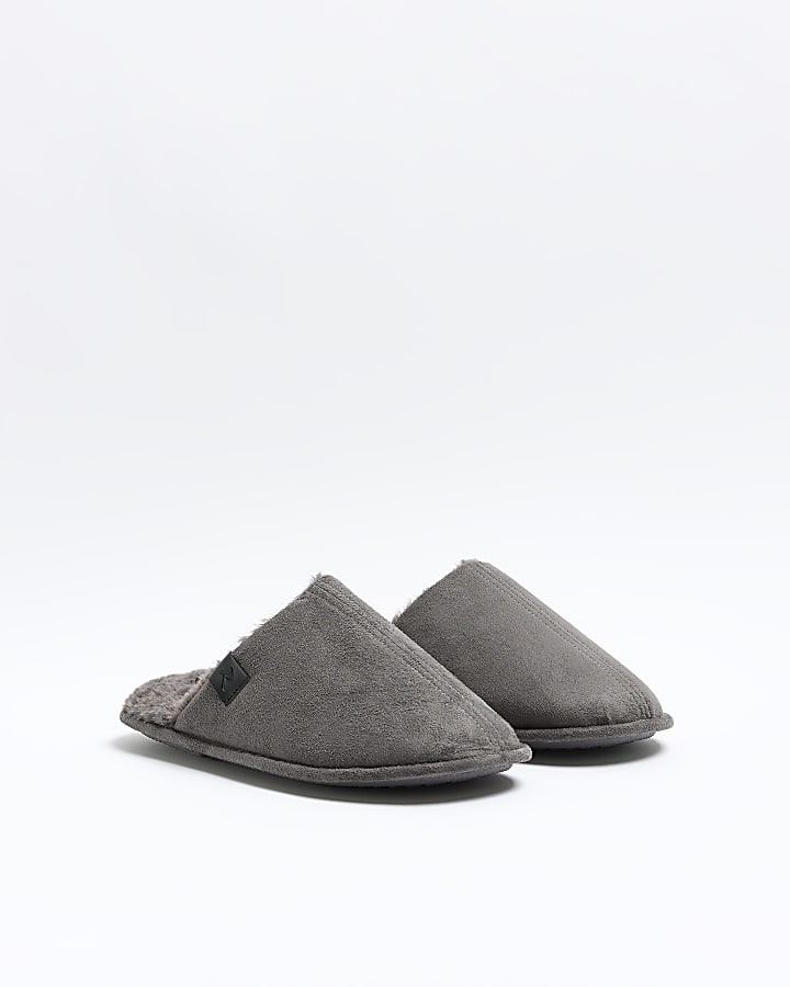 Grey suedette slippers | River Island