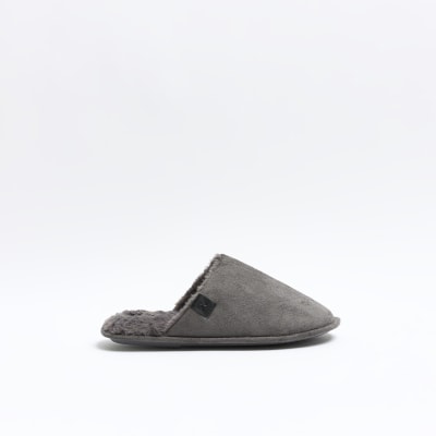 Grey suedette slippers River Island