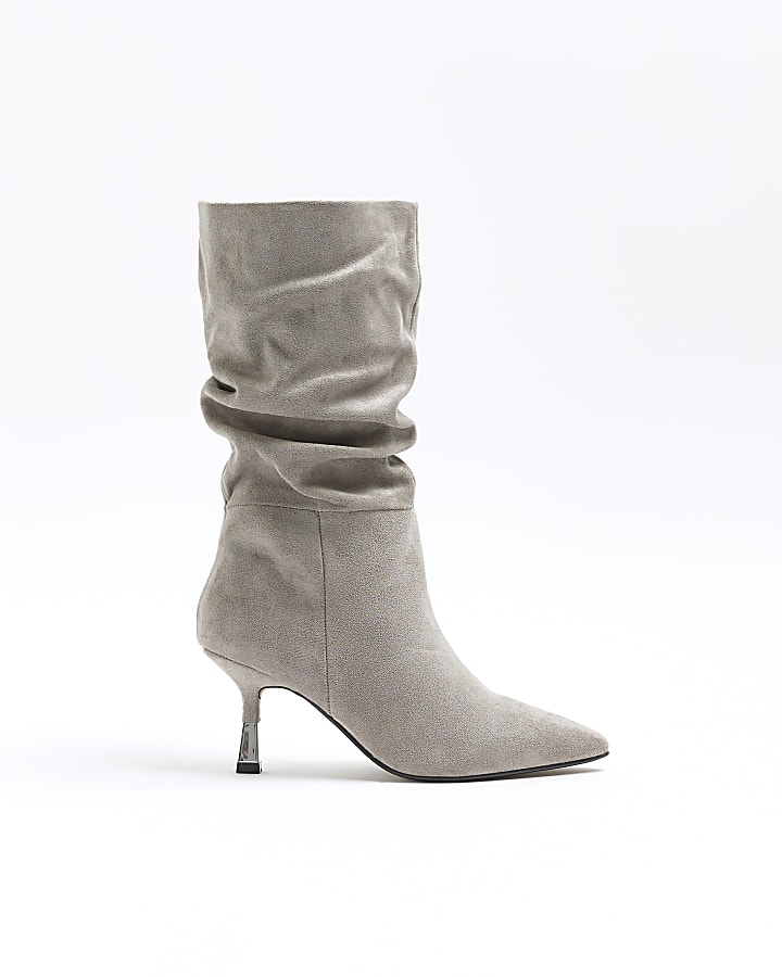 Grey suedette slouch heeled boots | River Island