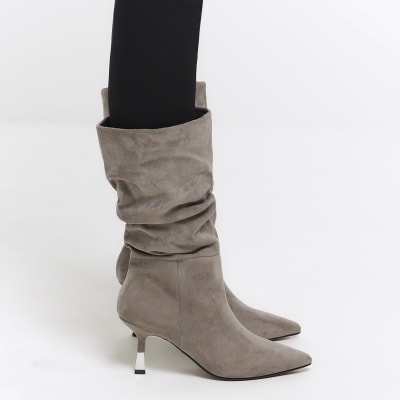 Grey suedette slouch heeled boots | River Island