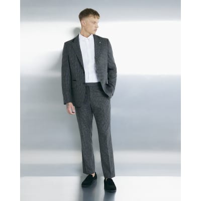 Grey Tailored Fit Textured Check Suit Trouser