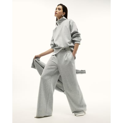Grey Tailored Jersey Wide Leg Trousers