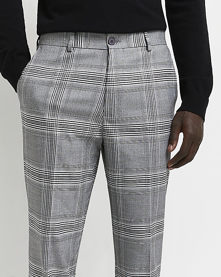 Grey tapered fit tartan check trousers