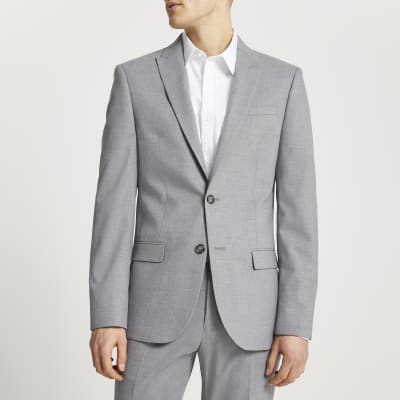 Grey textured slim fit suit jacket