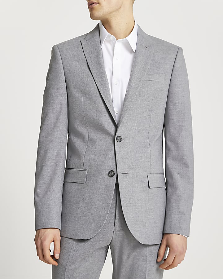 Grey textured slim fit suit jacket | River Island