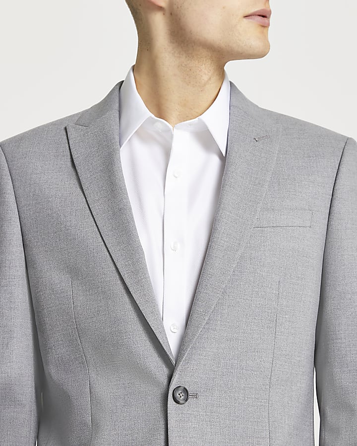 Grey textured slim fit suit jacket