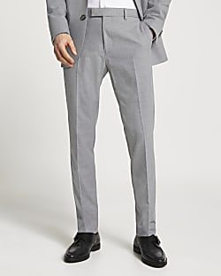 Grey textured slim fit suit trousers