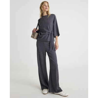 Grey Textured Wide Leg Trousers