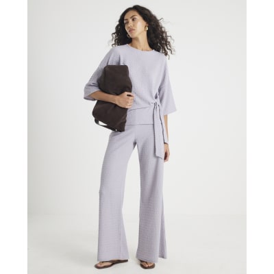 Grey Textured Wide Leg Trousers