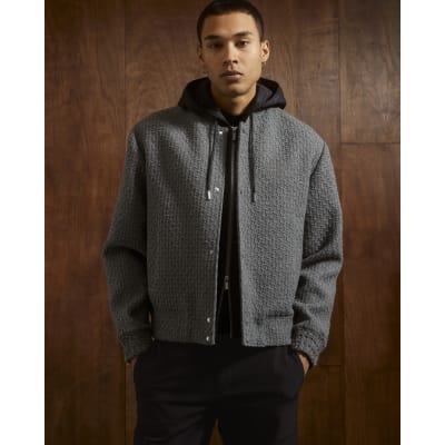 Grey Textured Wool Bomber Jacket