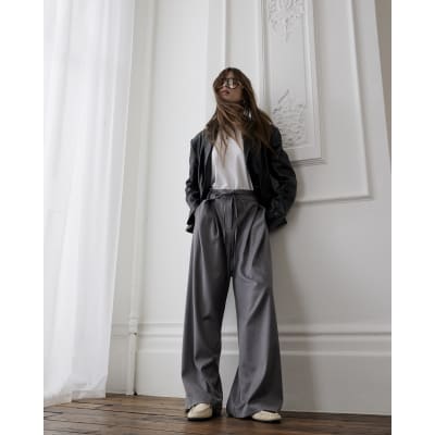 Grey Tie Front High Waisted Trouser