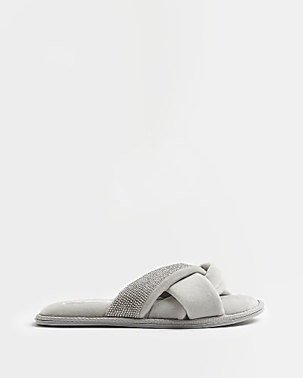 Grey towelling embellished slippers