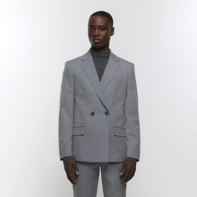 Grey Twill Double breasted Suit Jacket